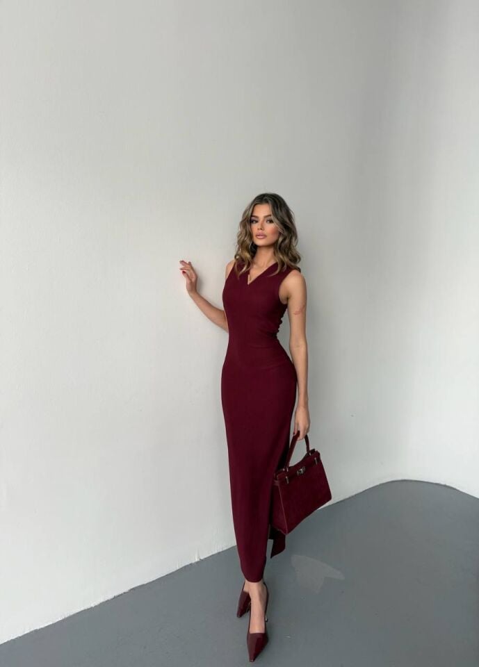 Sıfır Kol Ottoman Kumaş Yırtmaçlı Elbise